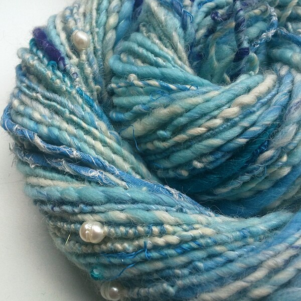 Handspun Art Yarn - FROZEN LAKE - Light Blue, Aqua, Violet, Teal, White. Silk Strips, Freshwater Pearls, Bohemian Glass Beads. 95 y, 3.84 oz