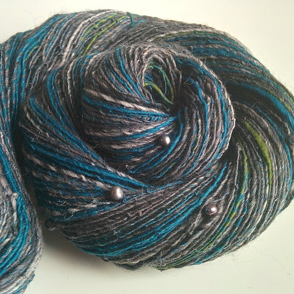 Handspun Art Yarn - STORM CLAD - Wool, Linen, Alpaca. Peacock Freshwater Pearls. Grey, Gray, Green, Teal. Luxury Knitting. 324 yds, 3.74 oz