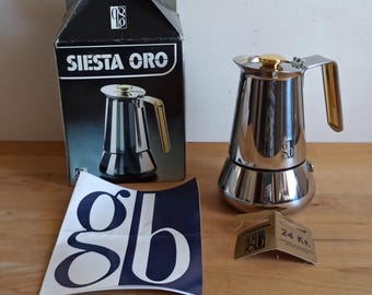 Guido Bergna, vintage stove top moka pot, siesta oro, 2 cups Italian espresso maker with original box.