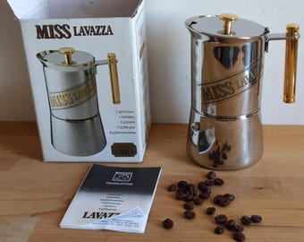 Miss Lavazza, vintage stove top moka pot, 4 cups Italian espresso maker with original box.
