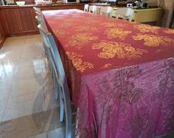 XXXL antique, vintage tablecloth, very fancy gold and raspberry coloured shiny satin woven cotton, 1960s or earlier.