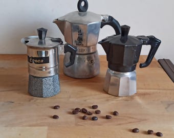 Nice vintage set of vintage stove top moka pots, Italian espresso makers, 1,2 and 3 cups.