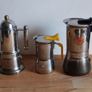 Nice vintage set of 3 vintage stove top moka pots, VEV Italian espresso makers, 1,2 and 3 cups.