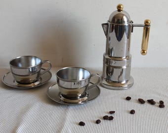Vev Kontessa, vintage stovetop moka pot, designer espresso maker from the 1980s, made in Italy, two VEV espresso cups.