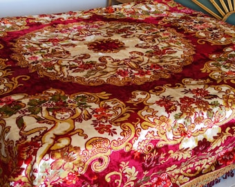 Vintage Italian chenille bedcover, velvet coverlet, colourful bedroom decoration, 1960s