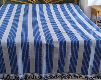 Antique loom woven bedcover, blue and white coverlet, Italy, 1920s