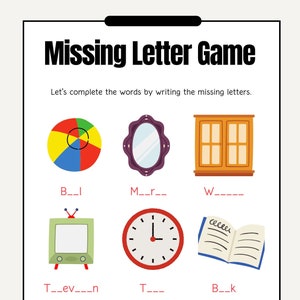 Divertido juego de letras perdidas para niños: hoja de trabajo educativa imprimible, actividad de aprendizaje