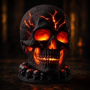 May include: A dark, textured skull sculpture featuring glowing orange cracks across its surface and illuminated eye sockets. The skull rests upon a circular base adorned with a ring of smaller, detailed skulls, all rendered in a matte black finish.