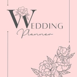 Könnte beinhalten: Ein rosa Hochzeitsplaner mit den Worten "Wedding Planner" in Dunkelgrau. Das Design umfasst florale Illustrationen in den Ecken und über dem Wort "Wedding".