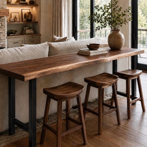 Live Edge Walnut Sofa Table, Bar Table, Bar Height Table, Solid Wood Table with Steel Legs
