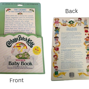 May include: A Cabbage Patch Kids sticker baby book with a yellow spiral binding. The front cover features a stork carrying a bundle over cabbage leaves. The back cover displays various illustrated characters and instructions for use.