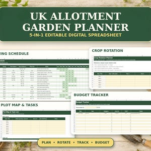 Può includere: Un foglio di calcolo digitale per la pianificazione di orti nel Regno Unito, completo di calendario di semina, pianificatore di rotazione delle colture, mappa dell'appezzamento, elenco delle attività e monitoraggio del budget. L'interfaccia utilizza uno schema di colori verde scuro e bianco con tabelle organizzate per il monitoraggio dei dati di giardinaggio.