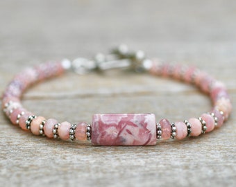 Rhodocrosite, Pink Peruvian Opal Gemstone Bracelet, Pink Gemstone Beaded Bracelet, Bracelet Stack, Gemstone Beaded Jewelry, Pink Jewelry