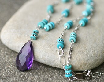 Purple Amethyst Gemstone Pendant Necklace, Arizona Turquoise Heshi Necklace, Sterling Silver Necklace, Turquoise Jewelry, Amethyst Jewelry