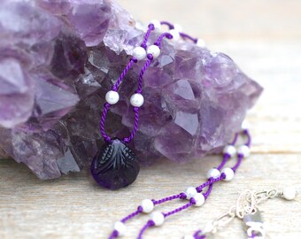 Purple Amethyst Gemstone Pendant, Carved Amethyst, Purple Silk Cord Knotted Necklace, February Birthstone Necklace, White Pearl Necklace