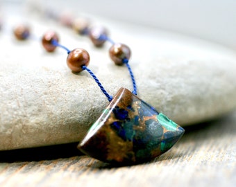 Azurite Malachite Copper Triangle Pendant Necklace, Triangle Pendant Necklace, Bronze Freshwater Pearl Necklace, Floating Pearl Necklace