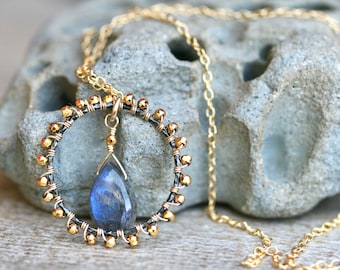 Labradorite Teardrop Pendant Necklace, 14K Gold Filled Necklace, Gold Crystal Wire Wrapped Pendant Necklace,Oxidized Sterling Silver Pendant