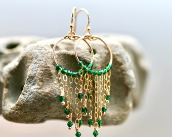 Emerald Green Zircon Gemstone Earrings, 14KT Gold Filled Earrings, Small Gold Hoop Dangle Earrings,Green stone Earrings,Gold Fringe Earrings