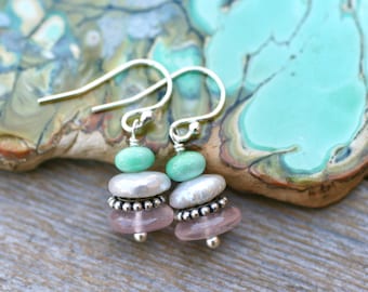 Rose Quartz, White Freshwater Pearl, Variscite Gemstone Trio Stacked Earrings,Gemstone Earrings,Sterling Silver Earrings,Minimalist Earrings