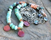 Peruvian Opal, Fire Opal, Silverite Gemstone, Abalone Sterling Silver Handmade Necklace, Long Length 28 Inches, Bohemian Jewelry