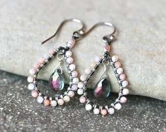 Pink Peruvian Opal, Pink Pearl, Mystic Topaz Gemstone Oxidized Sterling Silver Teardrop Earrings, Pink Gemstone Earrings, Pink Opal Earrings