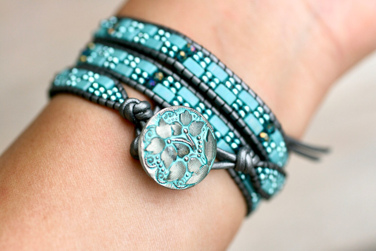 Turquoise Beaded Leather Wrap Bracelet Triple Wrap Bracelet Etsy