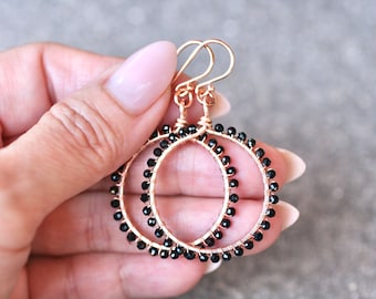 Black Spinel Hoop Earrings: 14KT Rose Gold Filled, Wire Wrapped Gemstone Jewelry