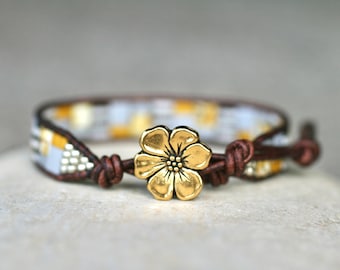 Gold Flower Leather Wrap Bracelet, Leather Bracelet, Beaded Wrap Bracelet, Leather Jewelry, Yellow, Gray, Gold,Mosaic Bracelet,Boho Bracelet