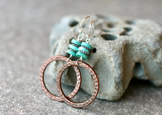 Kingman Turquoise Copper Hoop Earrings, Sterling Silver Detail