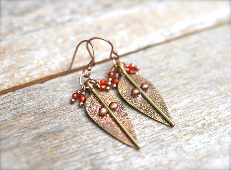 Autumn Earrings Fall Jewelry Carnelian Gemstone Carnelian Jewelry Copper 14KT Rose Gold Filled Earrings Carnelian Earrings Brass Leaf