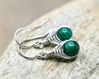 Malachite Gemstone Earrings, Herringbone Wire Wrapped Earrings, Sterling Silver Earrings, Malachite Jewelry, Green Gemstone Earrings