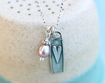 Pink Pearl Necklace, Heart Necklace, Sterling Silver Charm Necklace, Valentine's Day Jewelry, Love Gift, Heart Jewelry