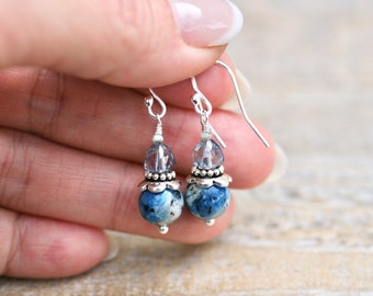 K2 Granite Blue Azurite Gemstone Earrings, Iolite Gemstone Earrings, Gemstone Jewelry, Blue Stone Earrings, Sterling Silver Earrings