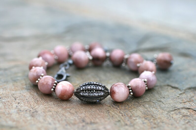 Kunzite Gemstone Beaded Bracelet: Oxidized Sterling Silver, Mauve Pink