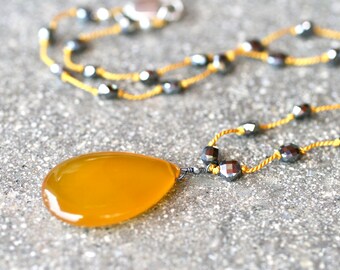 Yellow Chalcedony Teardrop Pendant, Silver Pyrite Silk Cord Knotted Necklace, Floating Necklace, Gemstone Jewelry,Yellow and Silver Necklace