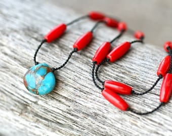 Copper Turquoise, Red Coral Knotted Necklace, Beaded Gemstone Necklace, Turquoise Necklace, Coral Necklace, Turquoise Jewelry, Coral Jewelry
