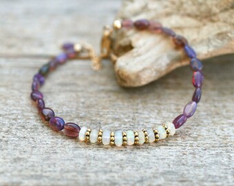 Purple Ethiopian Opal Bracelet: 14KT Gold Filled Adjustable Gemstone Jewelry