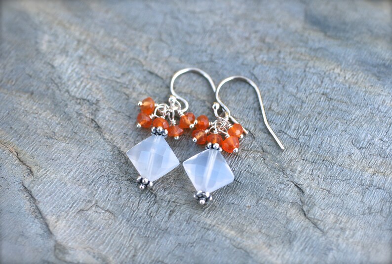 Chalcedony Gemstone Wire Wrapped Earrings Orange Carnelian Orange and White Earrings Orange Gemstone Sterling Silver Earrings