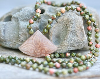 Peach Moonstone Carved Triangle Pendant, Unakite Gemstone Necklace, Knotted Silk Necklace, Green and Peach Necklace, Geometric Jewelry