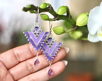 Purple, Silver Beaded Earrings, Amethyst Gemstone Earrings, Seed Beaded Earrings, Amethyst Earrings, Geometric Earrings, Triangle Earrings
