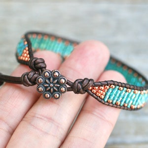 Turquoise Beaded Copper Leather Wrap Bracelet: Boho Stacking Jewelry
