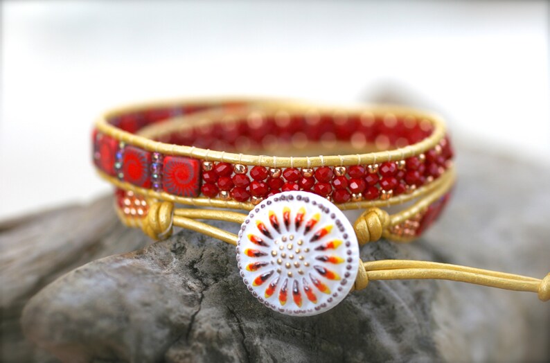Red Yellow Beaded Leather Wrap Bracelet Double Wrap 2x Wrap Etsy