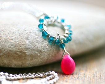 Hot Pink Chalcedony, Teal Blue Zircon Gemstone Necklace, Wire Wrapped Gemstone Necklace, Wire Wrapped Circle Pendant Necklace, Wire Wrapped