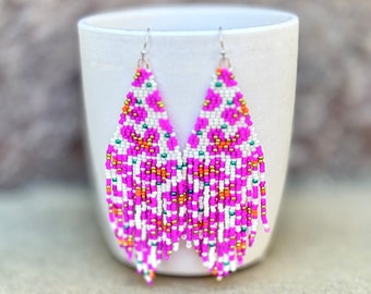 Fuchsia Pink Flower Earrings, Beaded Boho Earrings,Long Earrings,Statement Earrings,Spring Earrings,Tropical Flower Earrings,Floral Earrings