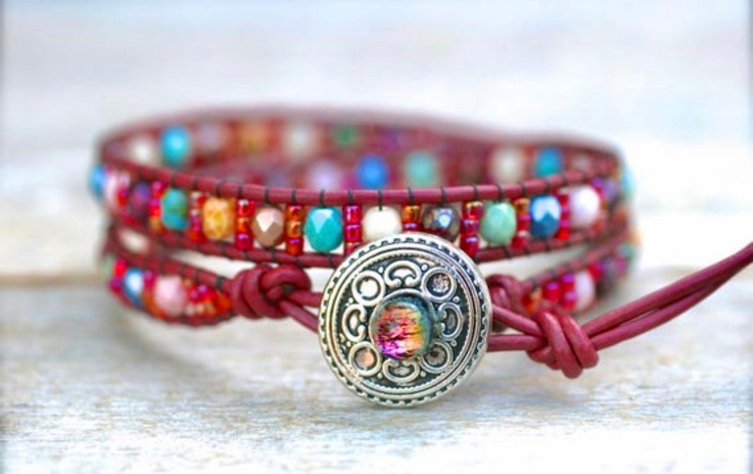 Red Leather Wrap Bracelet Multi Color Beaded Wrap Leather Etsy