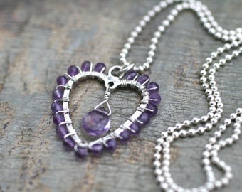 Purple Amethyst Gemstone, Wire Wrapped Heart Charm Pendant, Sterling Silver , Purple Heart Pendant, Heart Necklace, Purple Gemstone Necklace