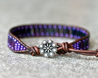 Purple Beaded Leather Wrap Bracelet, Leather Bracelet,Leather Jewelry,Stacking Bracelet,Bracelet Stacks,Beaded Bracelet,Beaded Wrap Bracelet