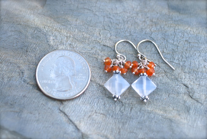 Chalcedony Gemstone Wire Wrapped Earrings Orange Carnelian Orange and White Earrings Orange Gemstone Sterling Silver Earrings