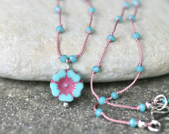 Pink, Aqua Blue Czech Flower Pendant Necklace, Flower Pendant, Knotted Necklace, Floating Crystal Necklace,Petite Necklace, Flower Pendant