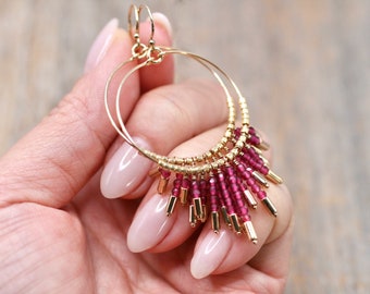 Ruby Gemstone Hoop Earrings: 14KT Gold Filled July Birthstone